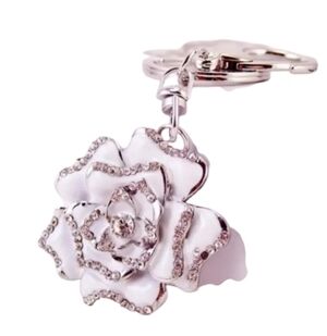 White Rose Bag Charm with Rhinestones